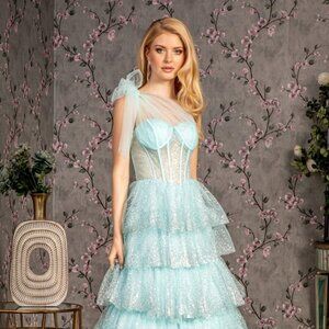 NEW LONG FORMAL PROM DRESS WITH LONG RUFFLED MESH SKIRT & SHEER BODICE GL3454